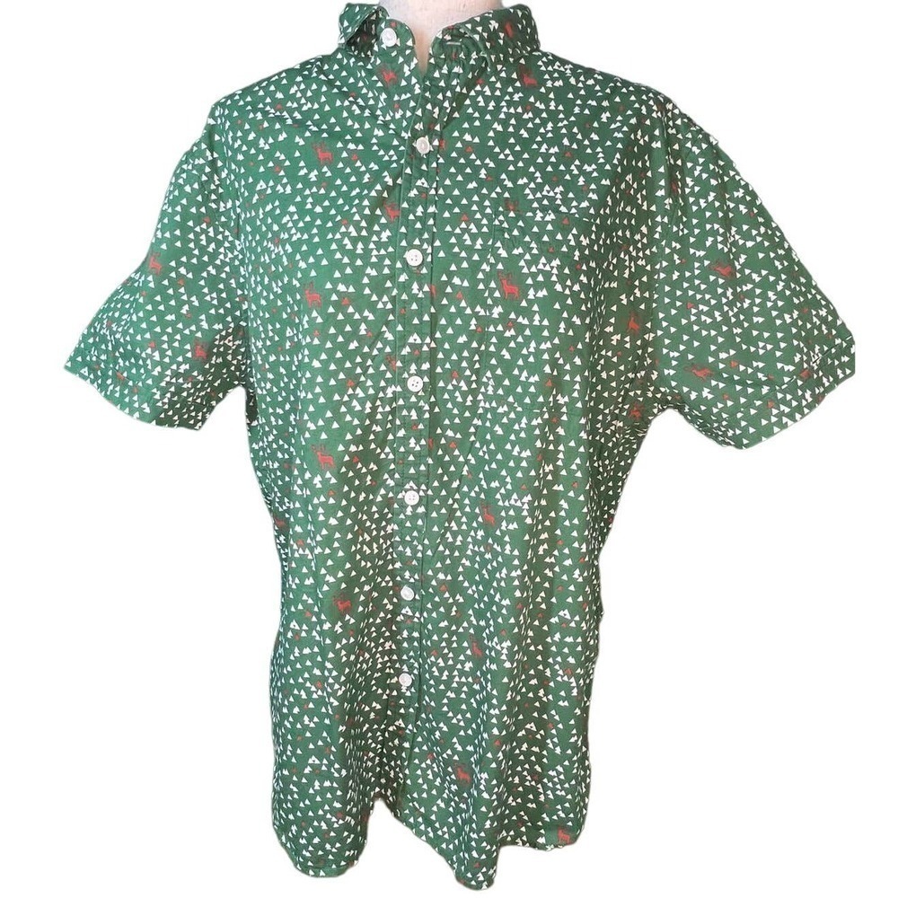 3/$27 Men's Denim & Flower Button-Down Slim Fit Shirt, Short Sleeve in Green, XL